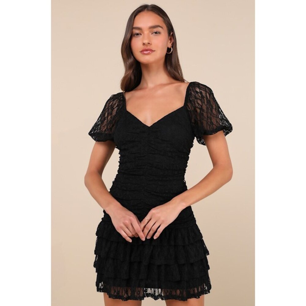 Lulus Darling Persuasion Black Lace Puff Sleeve Tiered Mini Dress - Size S